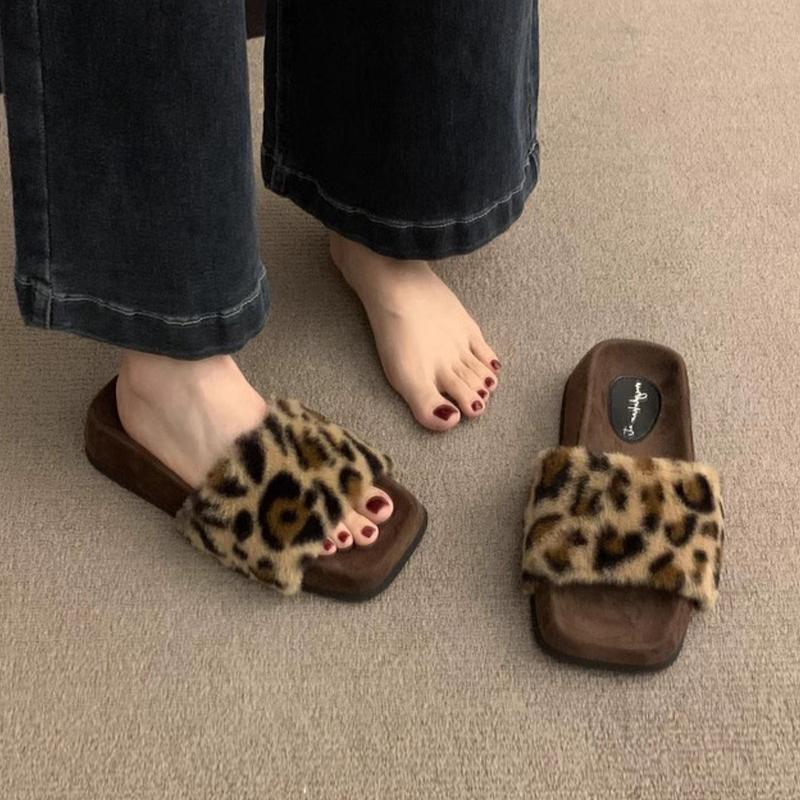 Mode Pelz Leopard Damen Hausschuhe Flats Mode Baumwollschuhe Designer Winter Gemütliche Stiefel Frau 2025 Lässig Kleid Zapatillas De Mujer