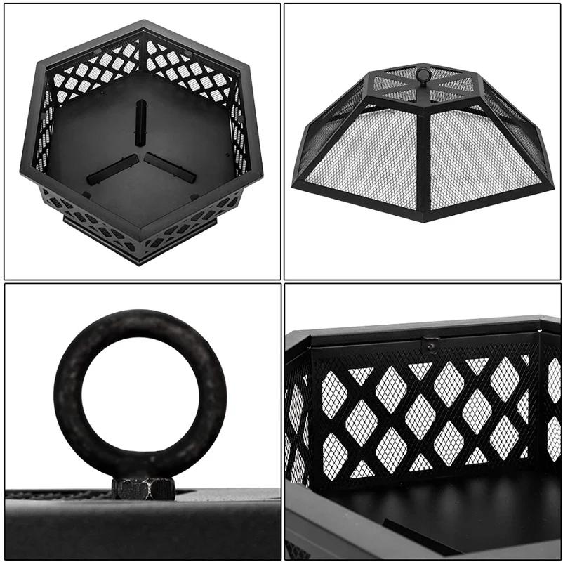 Portable Courtyard Metal Fire Pit 22" Hexagonal Shaped Iron Brazier Wood Burning Fire Pit Decoration for Backyard Poolside
