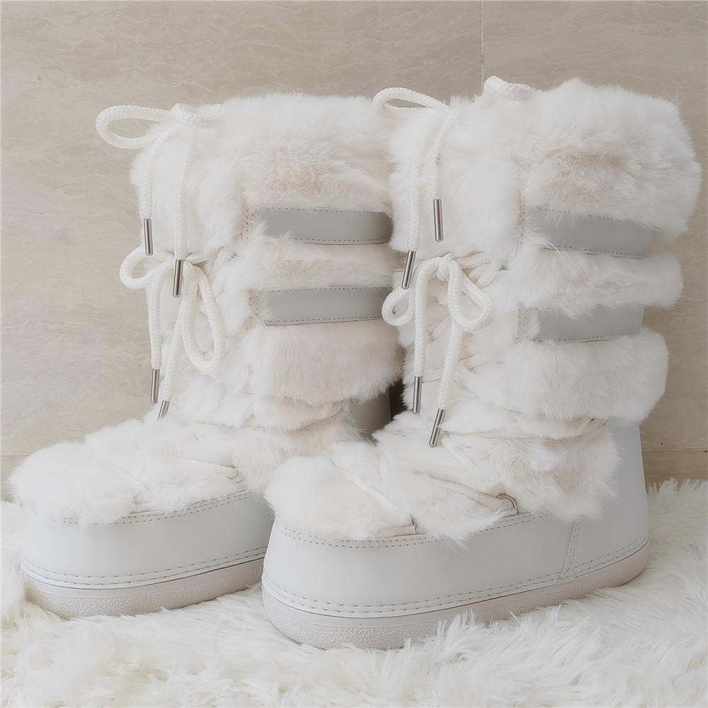 Faux Fur Boots for Women Warm Comfortable Woman Ski Boots  Winter Middle Claf Lace-up Waterproof Platform Snow Boots Black
