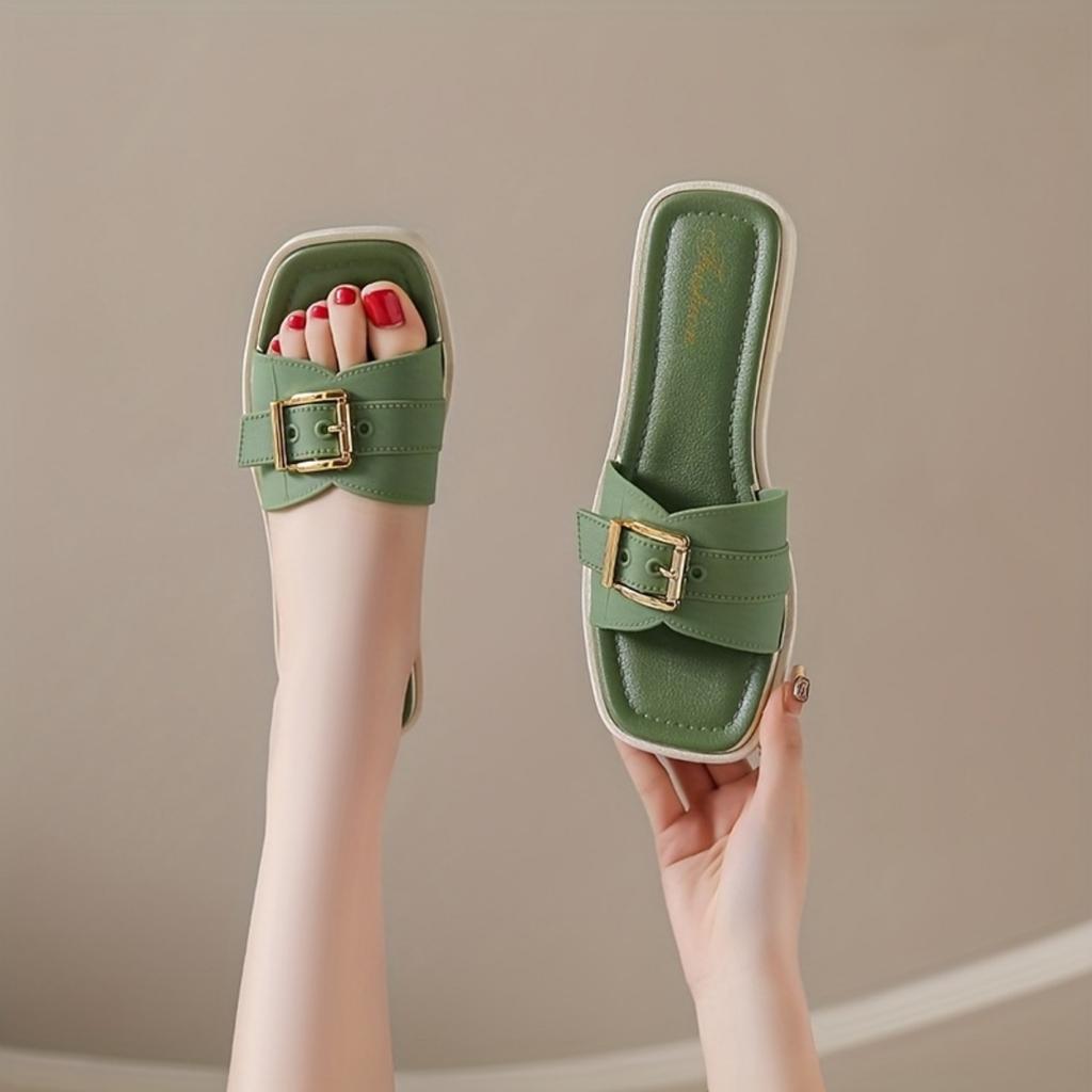 Sandali da spiaggia estivi antiscivolo da donna con chiusura a fibbia quadrata - Scarpe casual con punta aperta per un piede, tomaia in PVC e sottopiede rivestito in sintetico
