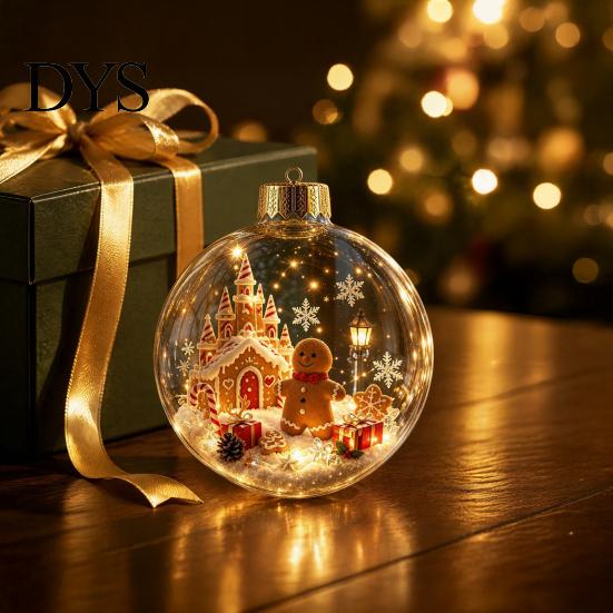 Clear Holiday Sphere Christmas Ball Ornament with LED Lights, Snow Scene Acrylic Theme Decorations Decor, Shatterproof Xmas Tree Hanging Seasonal