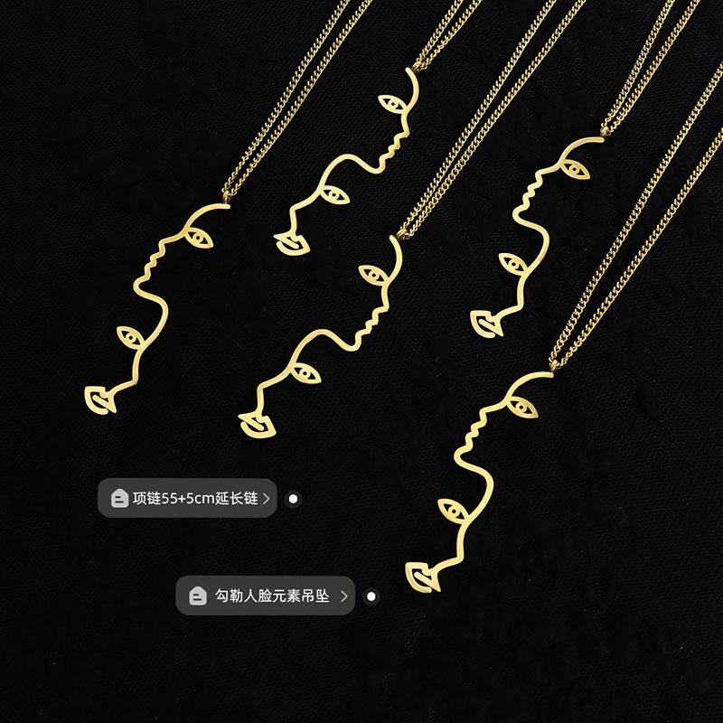 Style Exaggerated Personality Outline Face Pendant Necklace, Titanium Steel Plated 18K Real Gold Jewelry P086
