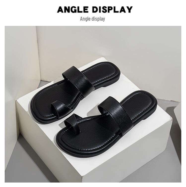Women's Genuine Leather Large Flat Toe Post Casual Flip Flops - Non-Slip, Fashionable and Simple Design for Beach Wear