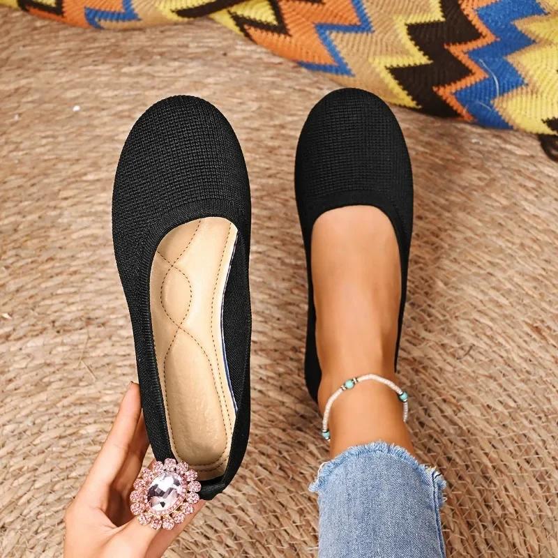 Fashion Women Flats Casual Slip on Shallow Shoes Comfortable Knit Ballet Flat Shoes Round Toe Office Boat Shoes Trend Plus Size Loafers