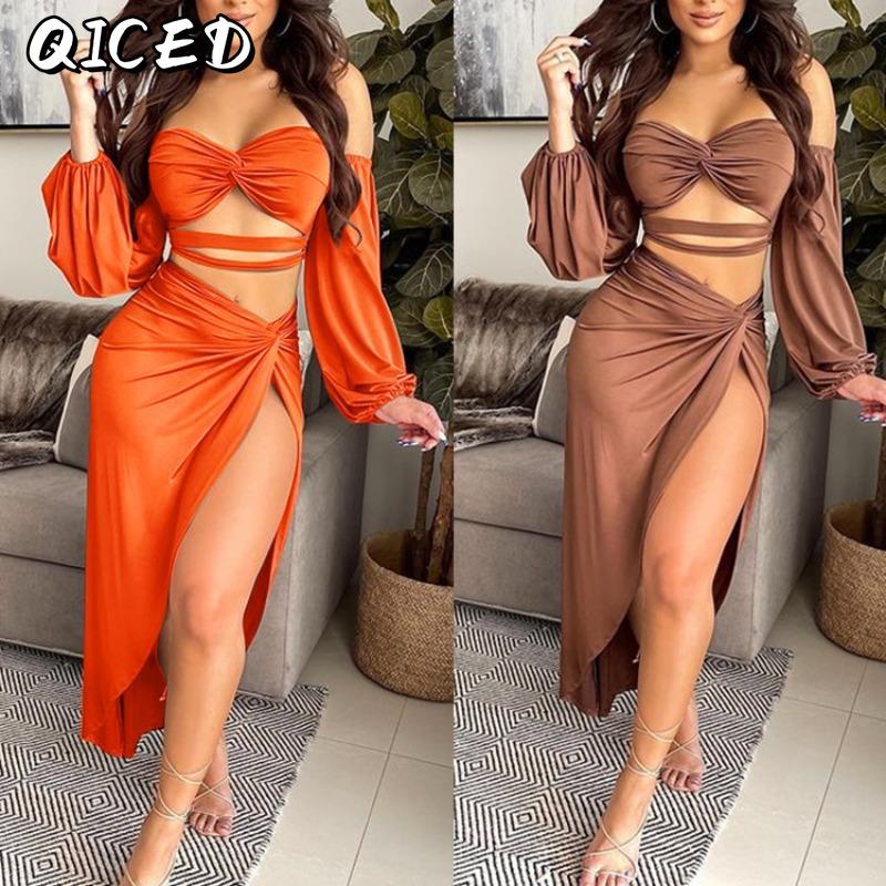 QICED Women's Fashion Summer Spring Solid Color Print Long Sleeve Casual Dresses