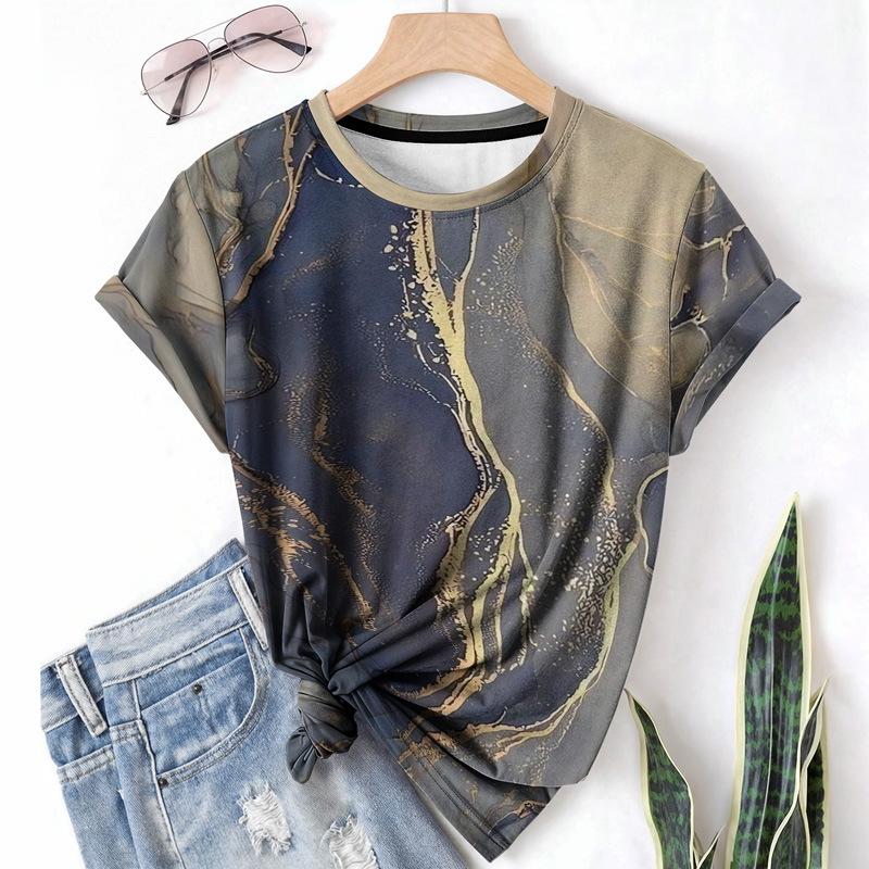 

Летняя женская футболка Повседневный топ Круглый вырез Короткий рукав 3D-принт Узор Градиент Дышащая рубашка 4XL