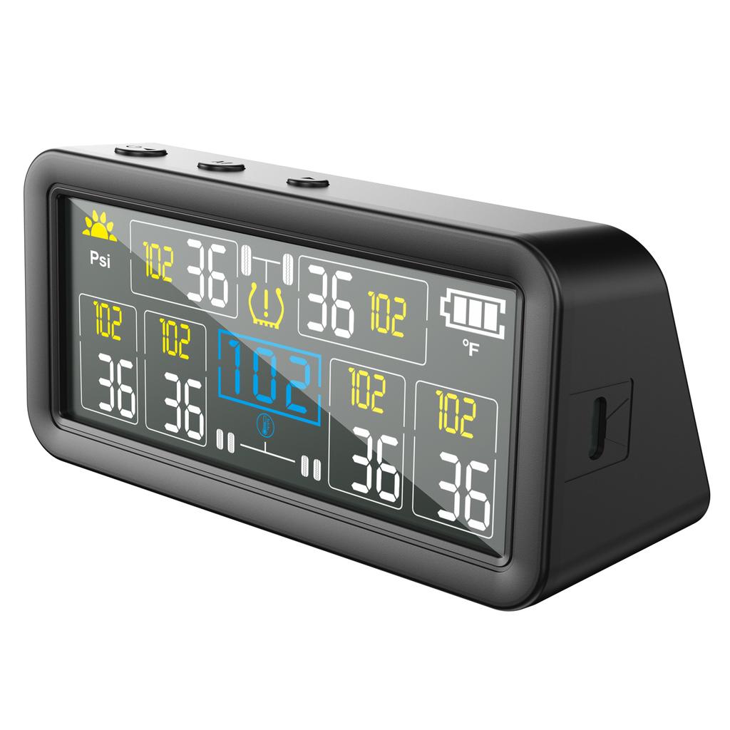 Tire Pressure Monitor with 6 External Sensors, LCD Display, Solar and Type C Charging, Auto On Off, Temperature and Low