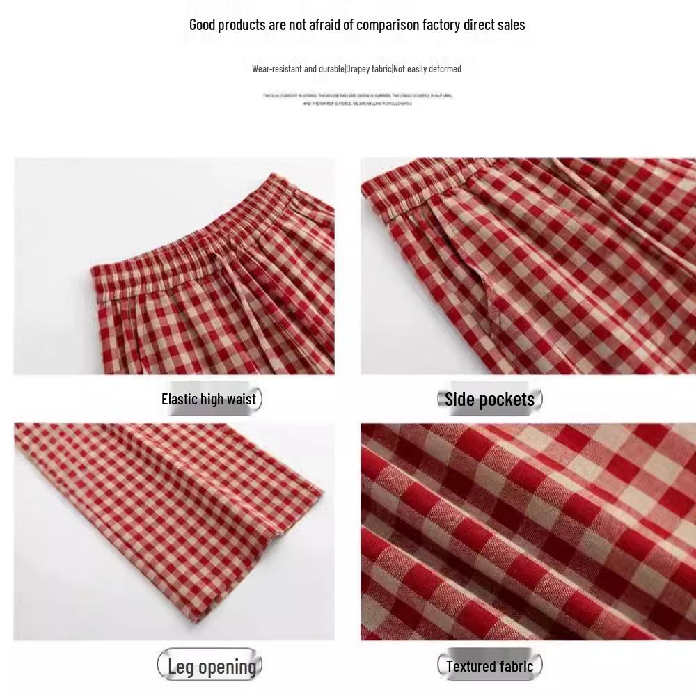 Red Checkered High Waist Wide Leg Pants for Women - Lazy Style, Linen, Perfect for Spring and Autumn