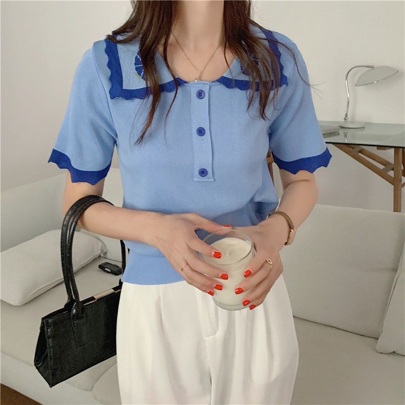 Chic Tops for Women's Summer T-shirt Thin New Trendy Contrasting Color Short Sleeve French Sweet Cool Short Knitted Shirt