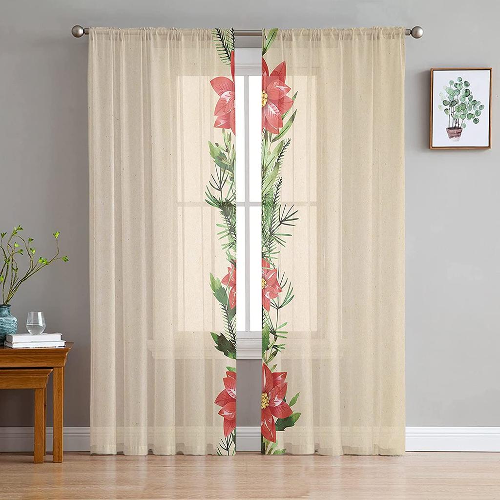 Romantyczna wiosenna firanka z woalu, akwarelowe kwiatowe tiulowe zasłony, dekoracja okien do kuchni/sypialni/salonu