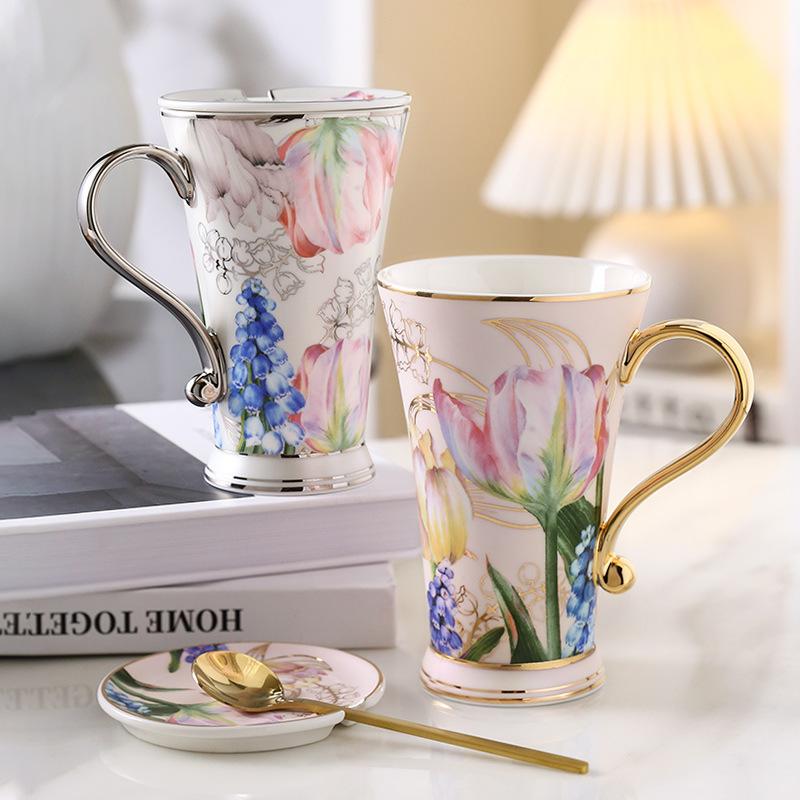 Nuoxuan Pastoral Ceramics Water Cup With Lid Spoon Light Luxury Women'S Household Cup Male Simple Creativity