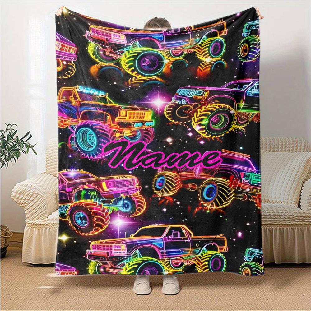 Custom Name Truck Theme Printed Blanket - Perfect for Couch, Bed, Travel & Outdoor Use | Machine Washable, Cozy & Durable.