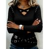 Spring and Autumn New Women's V-neck Metal Strap Design Top Black Slim Long Sleeve Slim T-Shirt