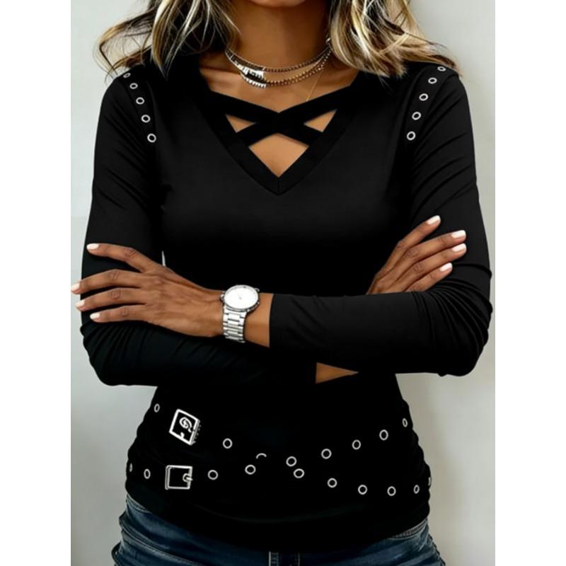 Spring and Autumn New Women's V-neck Metal Strap Design Top Black Slim Long Sleeve Slim T-Shirt