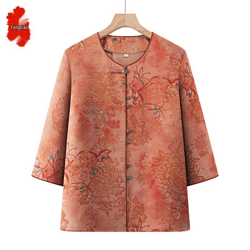 Mid-Aged Women s Loose Fit Printed V-Neck Blouse 2XL