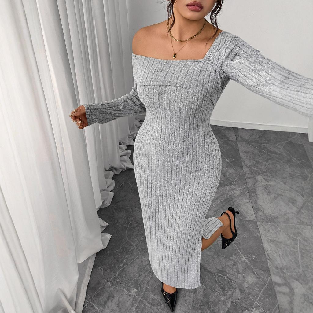 Fashionable Knitted Square-neck Off-the-shoulder Body-hugging Dress Long-sleeved Slit Dress