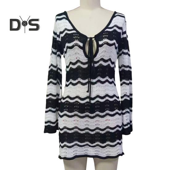 Women's Swimwear Cover-Up Striped Crochet Hollow Out Mesh Beach Dress V-Neck Tie Front Long Sleeve Summer Bathing Suit for Beach Vacation