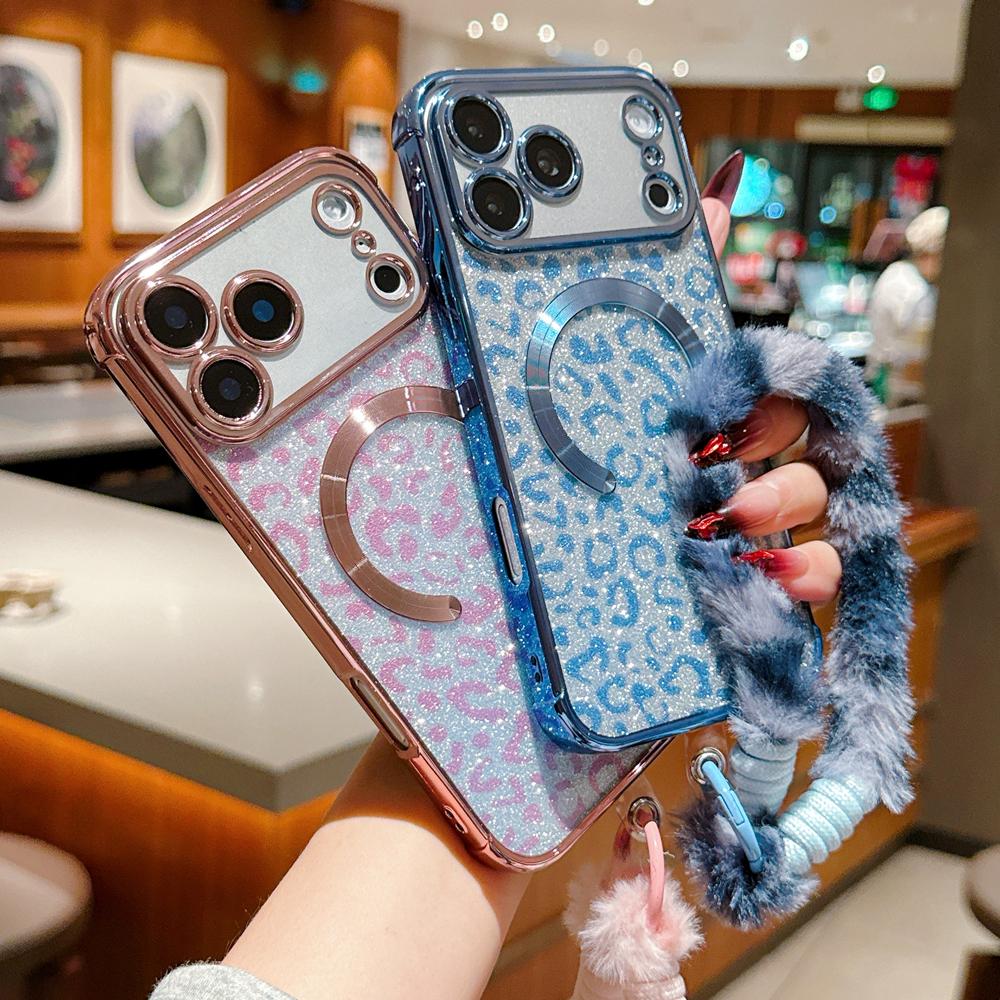 KEYSION Glitter Leopard Print Magnetic Phone Case for iPhone 13 14 15 16 17 Pro Max 17 Air 16 Plus With Plush Lanyard Shockproof Cover