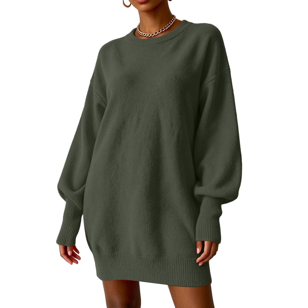 Women's Loose Fit Knit Midi Sweater Dress with Sleeves and Turn-Down Collar