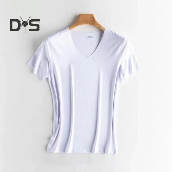Men Summer T-shirt V Neck Thin Ice Silk Solid Color Thin Stretchy Pullover Mid Length Sweat Absorption Quick-drying Sport Fitness Top