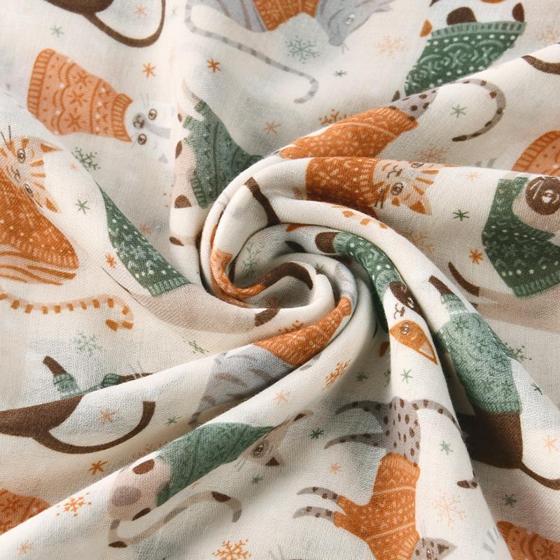 Japanese Literary Ideas Cat Bali Yarn Printed Long Scarf Versatile Fashion Women's Scarf Fresh and Soft Sun Protection Shawl