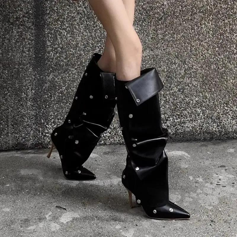Sexy Pointed Toe High Heel Denim Y2K Long Boots Women  Winter Punk Black Knee High Boots Metal Decoration Designer Shoes