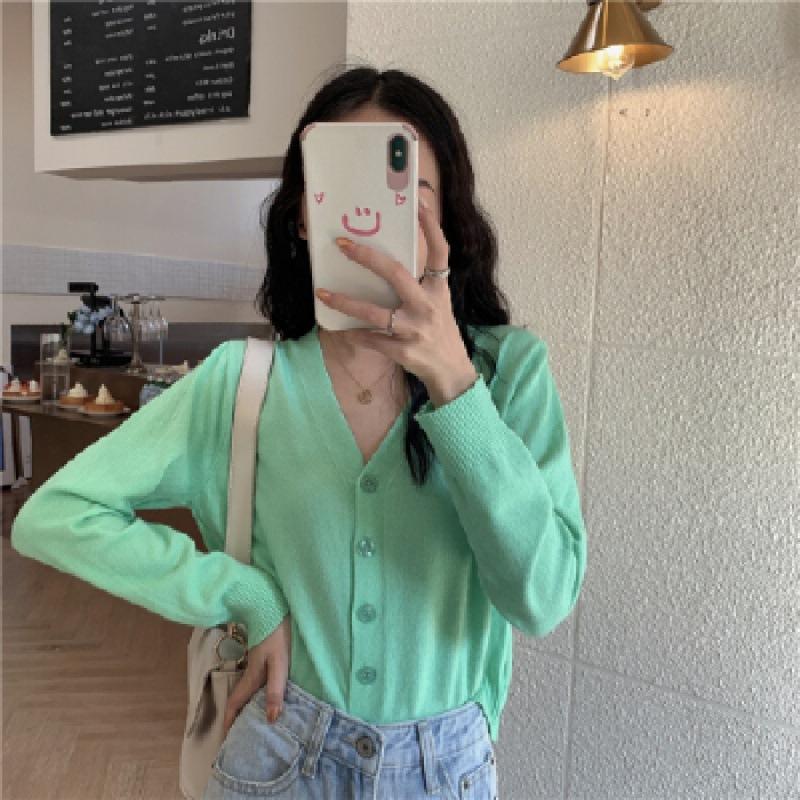 Early Autumn New Knitted Outer Cardigan Short Korean Version V-neck Loose Inner Long-sleeved Thin Sweater Jacket Women's Clothing