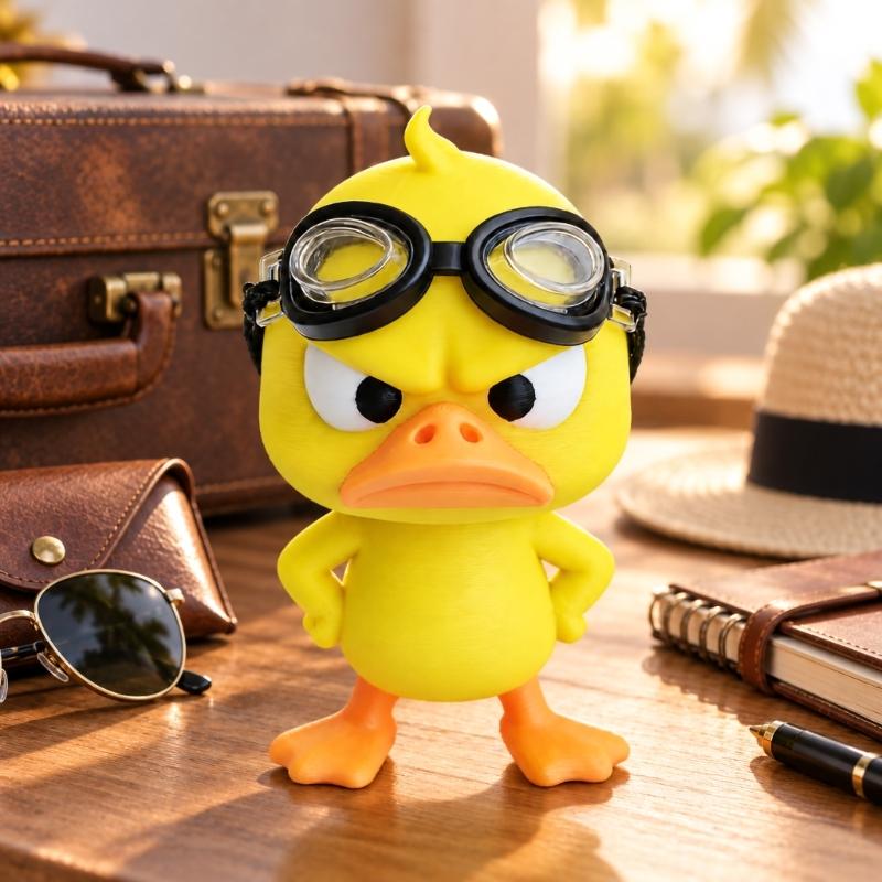 3D-Printed Angry Duck Decors, 2 Plastic Goggles-Wearing Figurines with Frowning Expression for Home or Office Desks, Shelves, and Display Cabinets