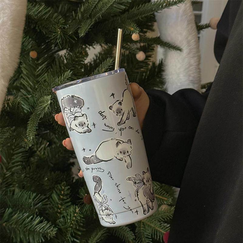 

Милый термокружка в виде кота для кофе, чая, пива, сока, 550 мл, термос из нержавеющей стали Kawaii с соломенной чашкой для автомобиля, бутылка для воды в подарок 550ml