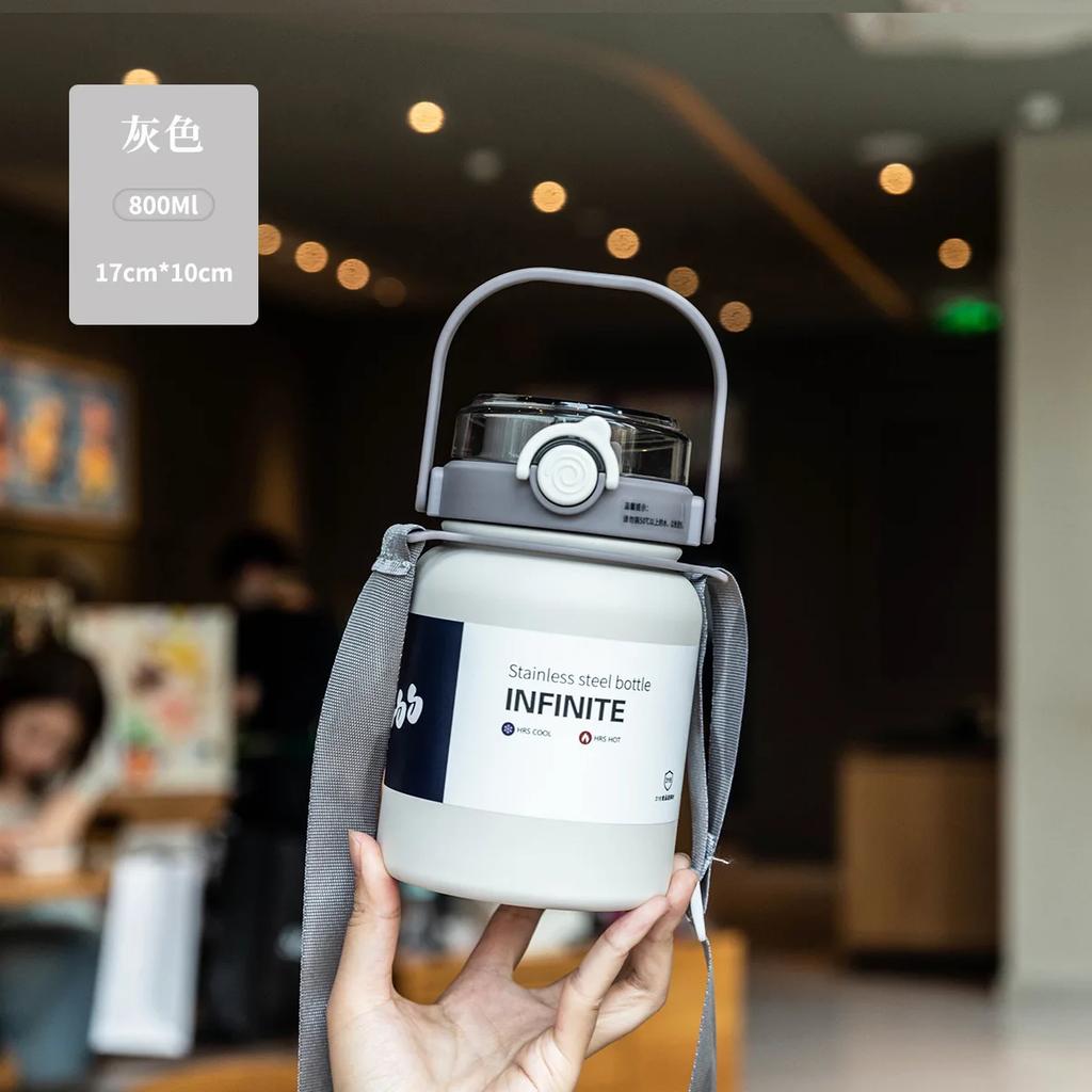 800/1000/1200ml Stainless Steel Water Jug,Pop Flip Lid Insulated Sports Bottle with Carry Handle & Shoulder Strap Camping Hiking