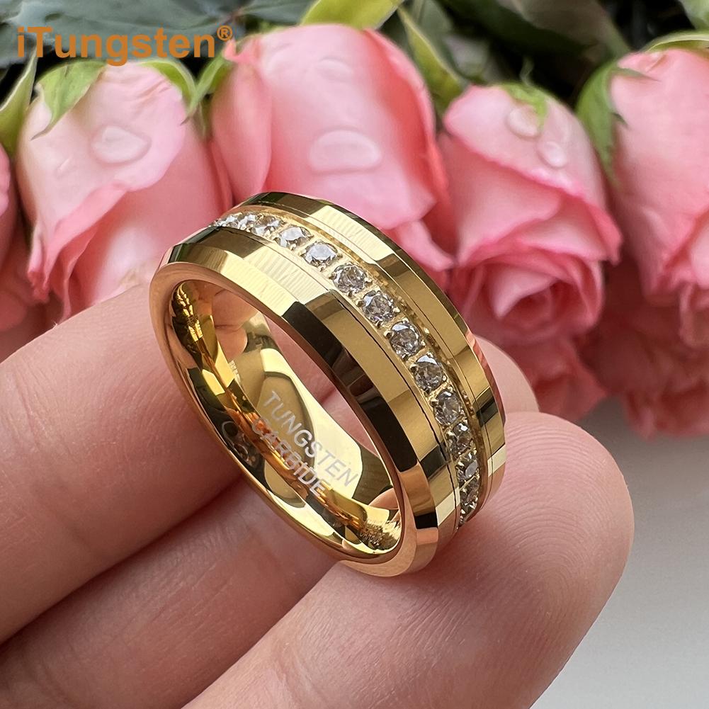 

iTungsten 8mm Luxury Men Women Wedding Band Nice Tungsten Combination Ring With Cubic Zirconia Stones All Around Polish Shiny 6