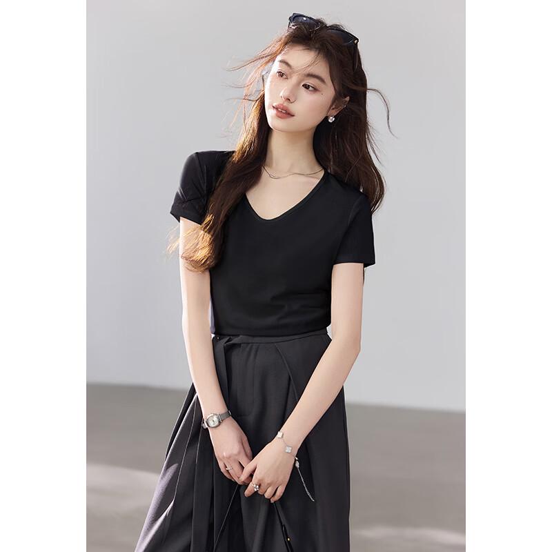 VICTORIA&VERA Women's Ribbed High-Stretch Mulberry Silk Short Sleeve T-Shirt