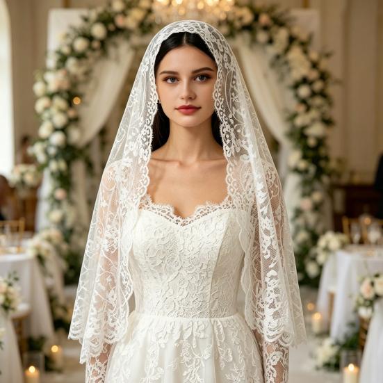 Lace Veil Mid-Length Shawl with Exquisite Lace Binding Elegant Head Scarf for Bridal Gothic Halloween Lolita Dress Matching