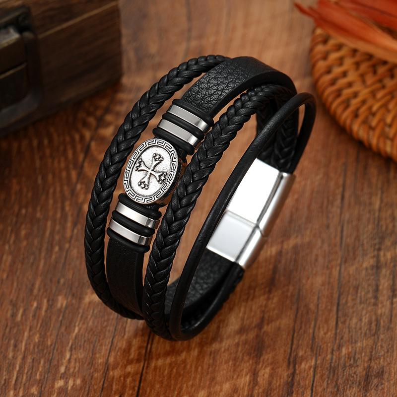 Multi Layer Braided Leather Bracelet For Men With Magnetic Cross Geometric Design And Magnetic Clasp Bangle