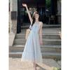 French High-end Small Flying Sleeve Suspender Skirt Children's Summer Casual Girl Thin Square Neck Blue Floral Dress