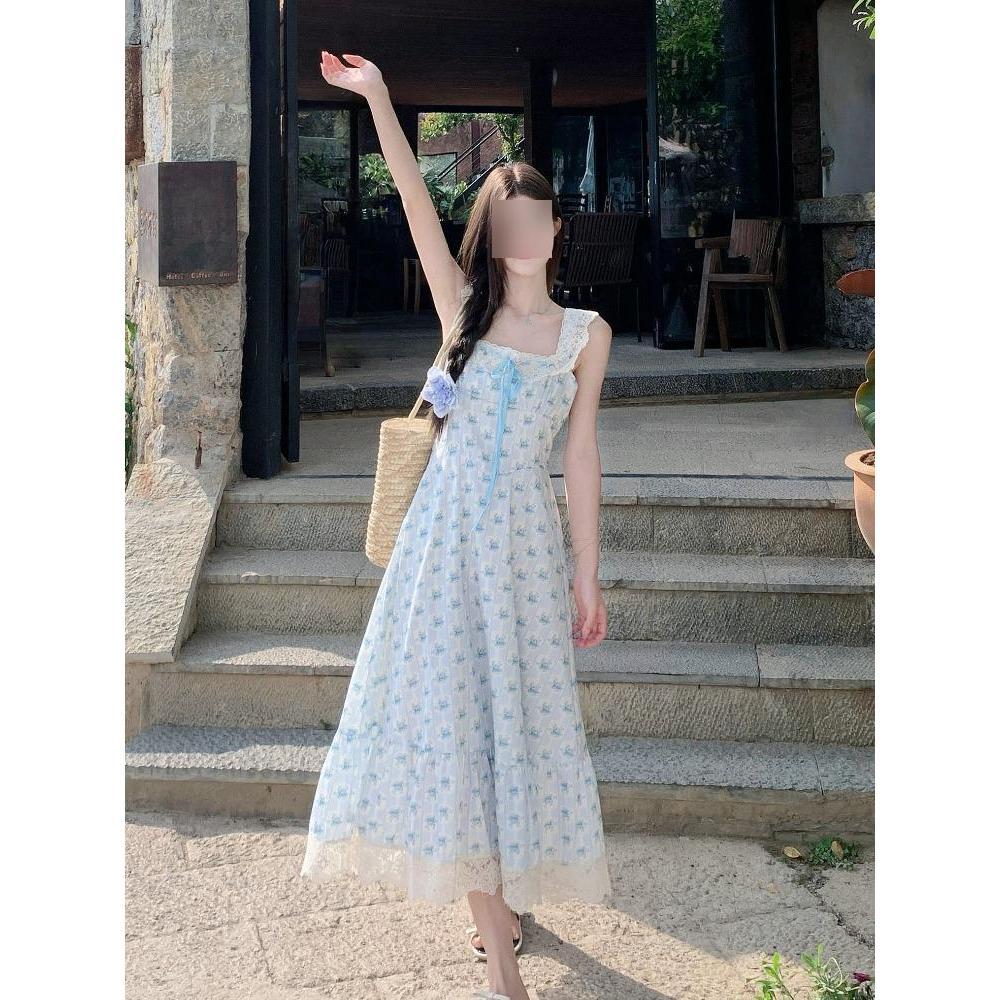 French high-end small flying sleeve suspender skirt children's summer casual girl thin square neck blue floral dress