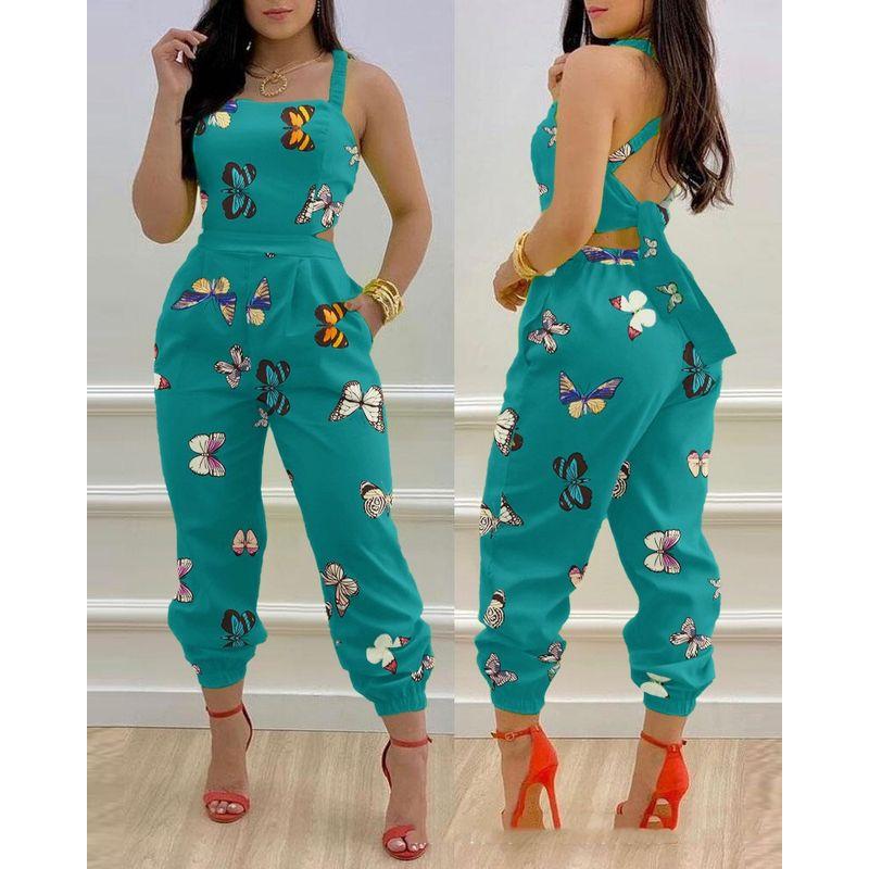 

Women Printed Back Strapjumpsuit European and American Women Butterfly Print Back Strap Jumpsuit Blue S