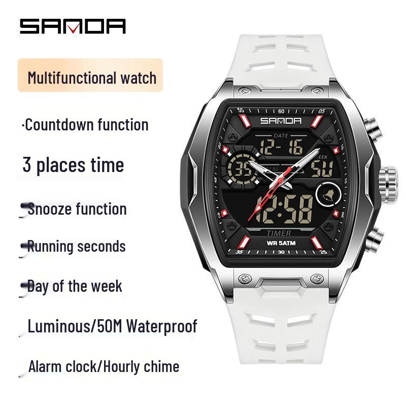 Sanda Dual-Movement Barrel Watch: Luminous Alarm, Large Dial, Multifunctional Student Watch.