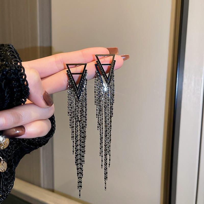 Silver Needle Feather Fringed Earrings Long Light Luxury Atmospheric Stud Earrings Personalized Design Earrings