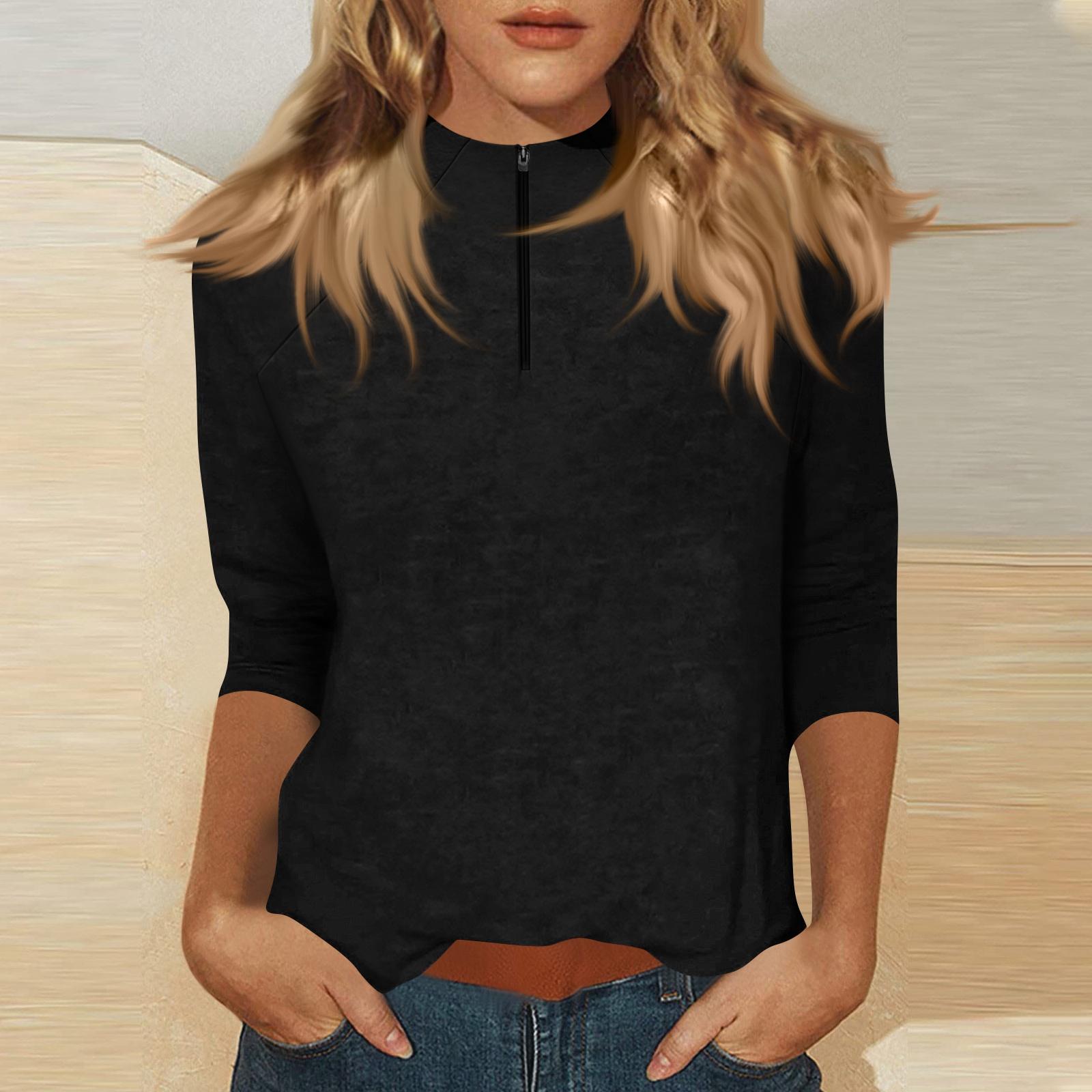 

Women s Mock Neck, Zip-up, Color, 3/4 Sleeve Top L чорний