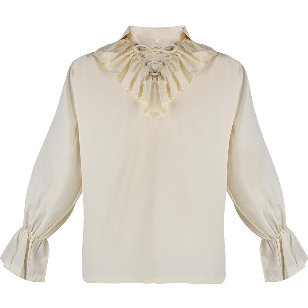 

Medieval lapel pleated puffy sleeve top retro men s solid color lining clothes XS