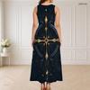 Women Plus Size Sleeveless Long Dress Round Neck Triple Keyhole Cutout Eagle Flag Print Red Blue White