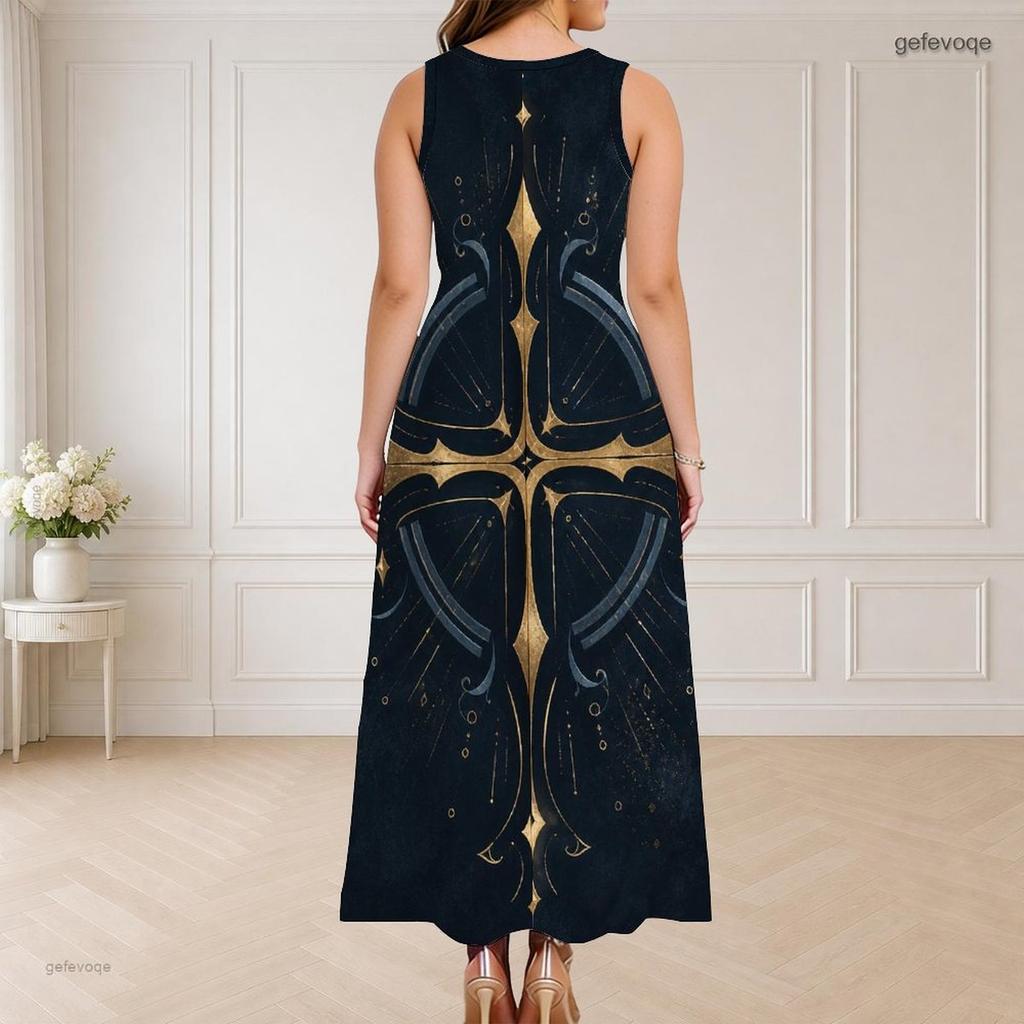 Women Plus Size Sleeveless Long Dress Round Neck Triple Keyhole Cutout Eagle Flag Print Red Blue White