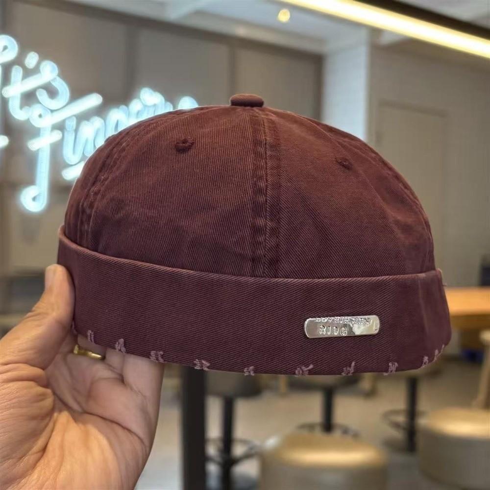 Vintage Washed Denim Brimless Docker Cap Cotton Adjustable Vintage Dome Hat Solid Color Melon Beanie Cap Boy Girls