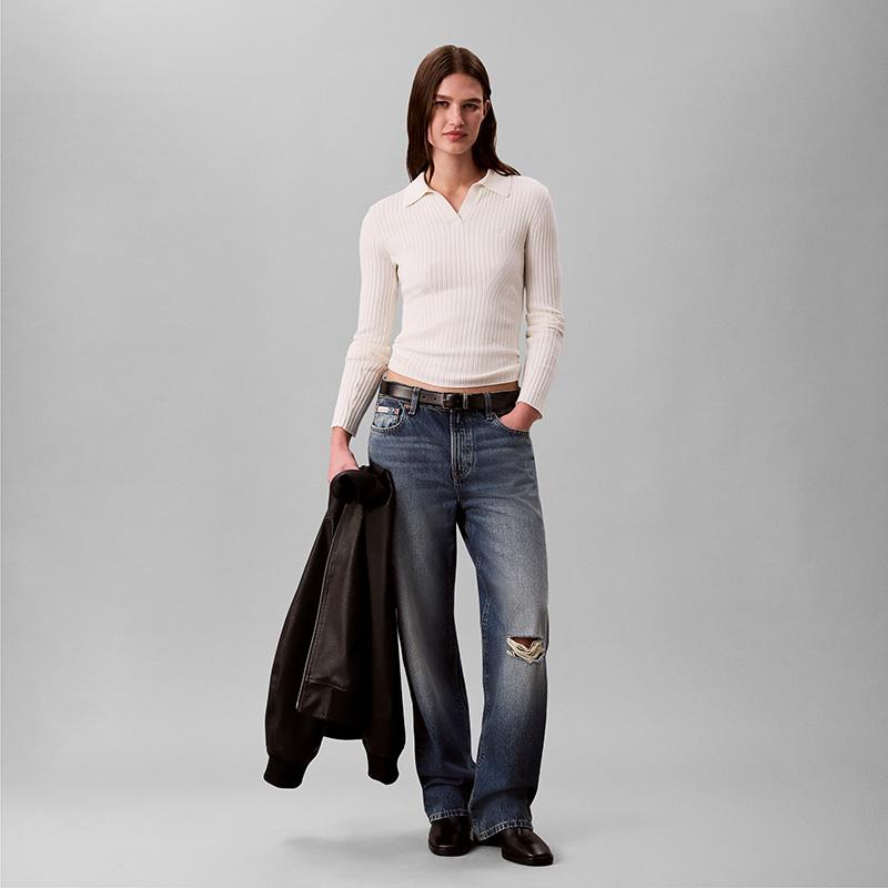 Calvin Klein Elegant Commuter Slim Fit Short Ribbed Seagull Collar Polo Knit Top Women tops 47H339G