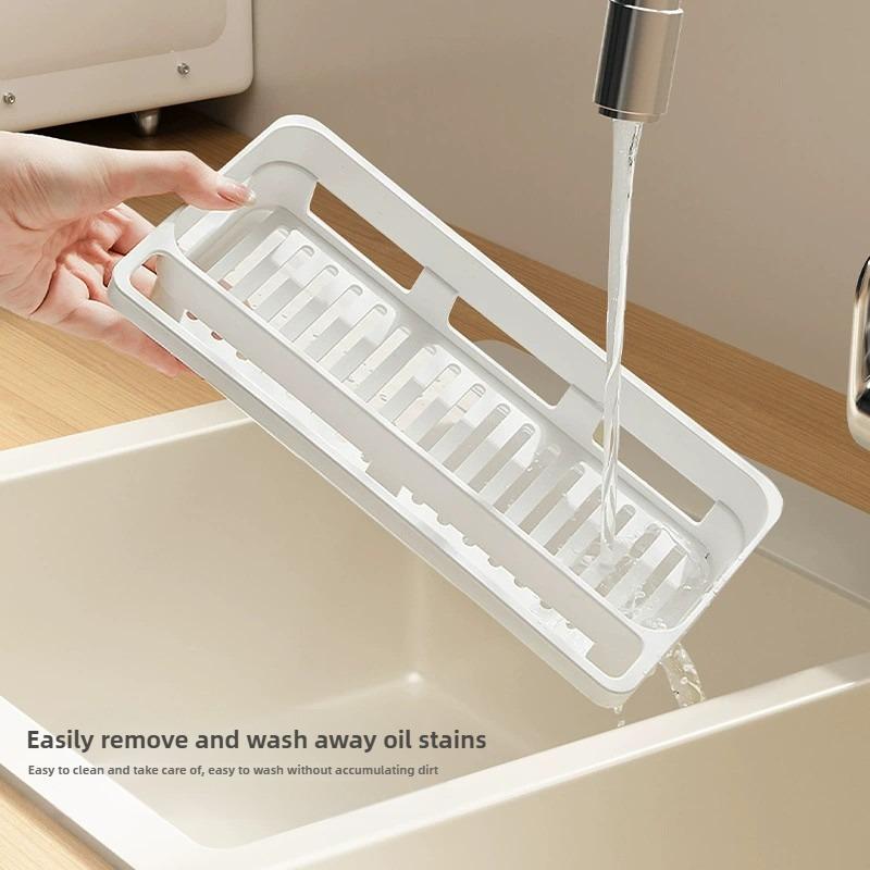 Schwammhalter für Küchenspüle Wandmontage Spülbecken-Caddy mit Ablauf und Abtropfschale Kunststoff-Organizer für Arbeitsplatte Weiß