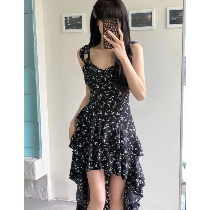 New summer floral slip dress, square neck, cinched waist, slimming, irregular design dress, super fairy