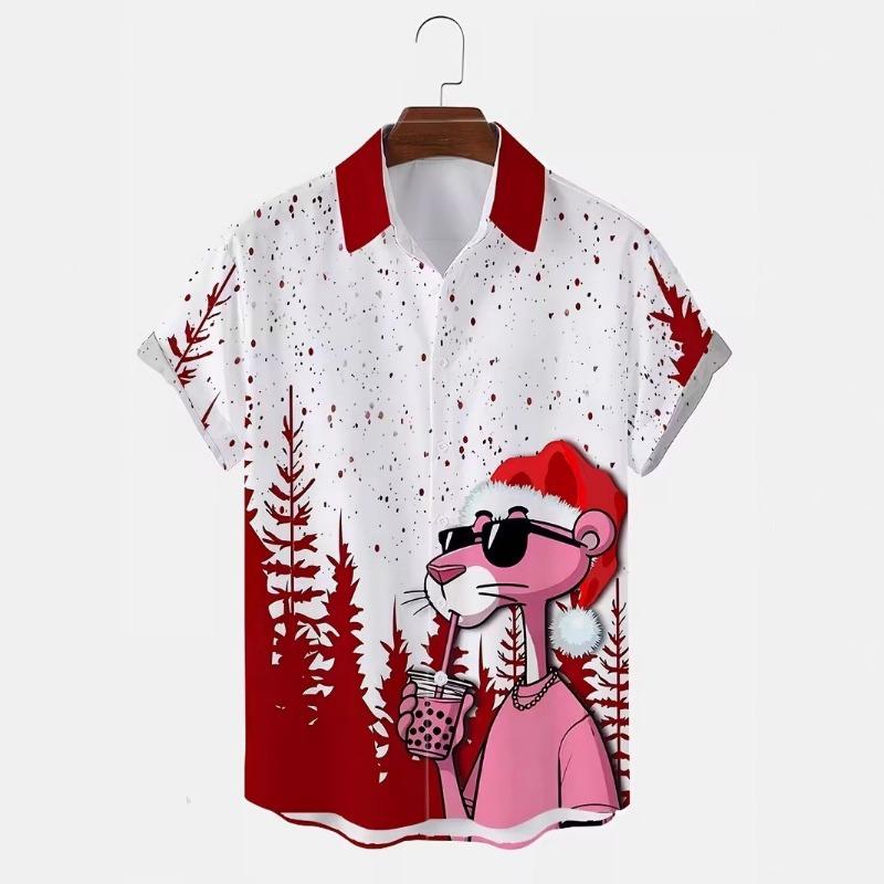 Autumn and Winter Men's Short Sleeved Shirt New Year's Christmas Pattern Digital Printed Shirt Top Men's Casual Shirt