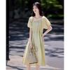 Spliced Pleated Midi Dress with Decorative Collar
