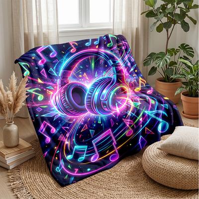 Neon Music Headphones Theme Blanket Lightweight Warm Flannel Blanket Decorative Throw Blanket for Home Decoration